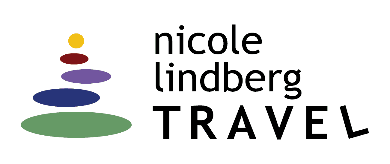 Nicole Lindberg Travel logo featuring these works and a stylized cairn of colored circles