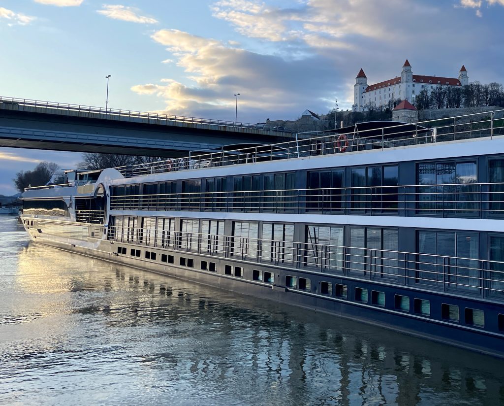 Avalon river cruise sailing by Bratislava, Slovakia