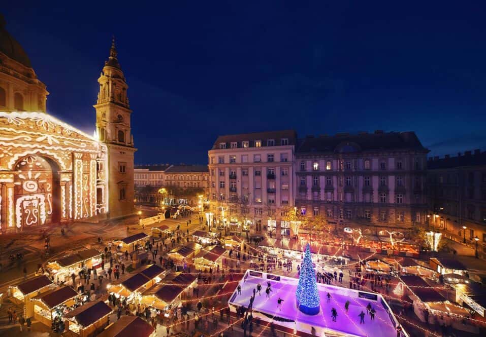 Aerial view of the Christmas market and ice rink outside St. Stephen's Basilica in Budapest, Hungary
