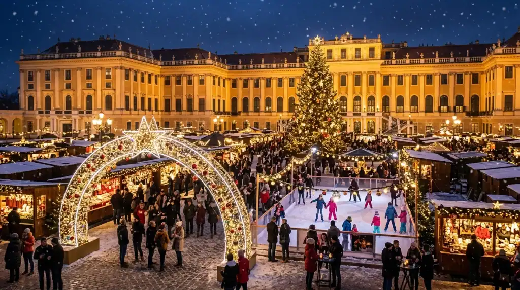 Christmas market and ice rink in front of Schönbrunn Palace in Vienna, Austria